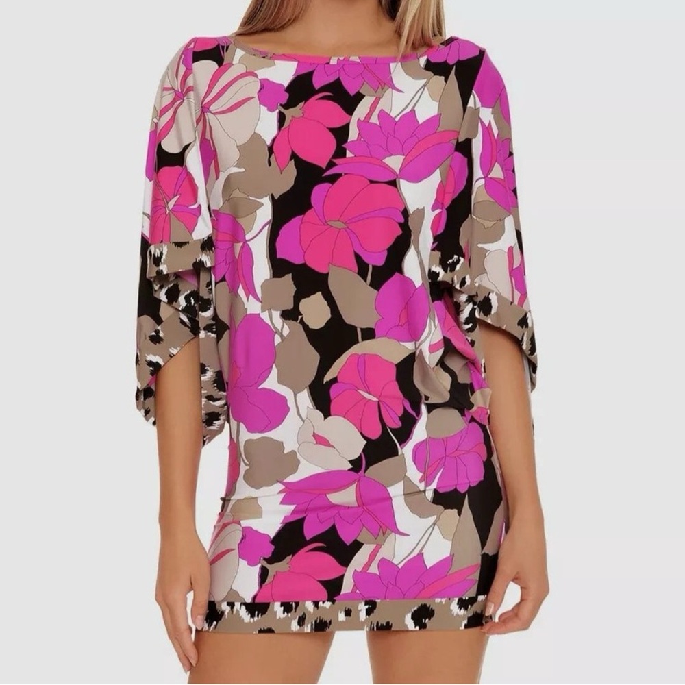 Trina Turk Lynx Swim Cover-Up Tunic Dress Size M Pink Multi Floral 3/4 Sleeve